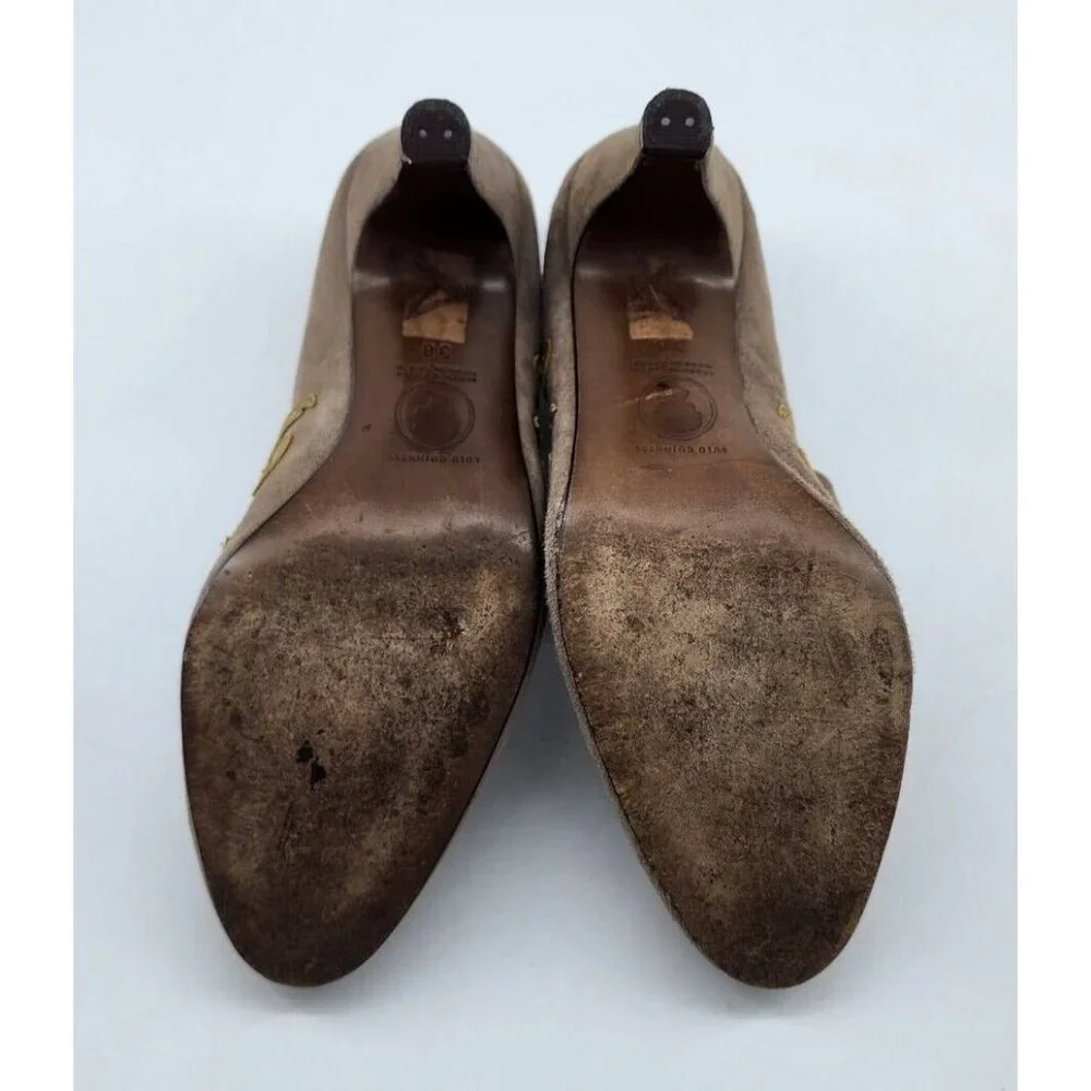 Lulu Guinness Women's Leather Slip On Mary Jane Pump Heels Tan Suede EUR 38 US 7